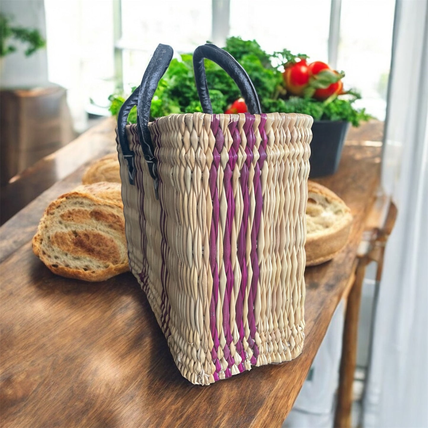 Handgevlochten Marokkaanse shopper - tas van Riet - Violet & Camel - Lederen zwarte handvat - 1 st