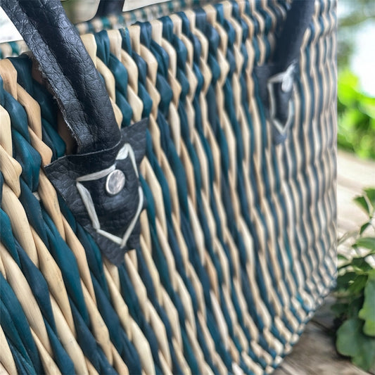 Handgevlochten Marokkaanse shopper - tas van Riet - Groen & Camel - Lederen handvat - 1 st