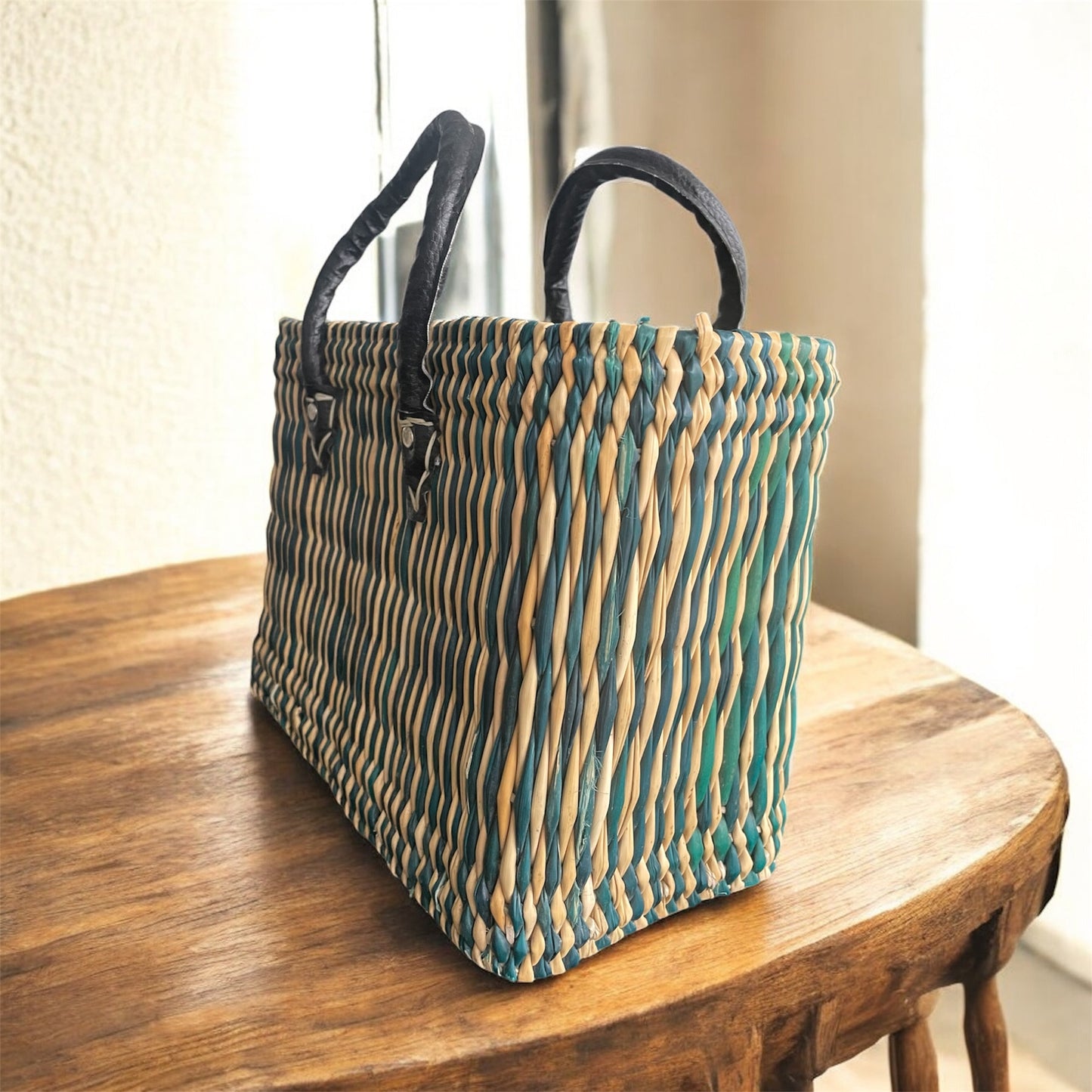 Handgevlochten Marokkaanse shopper - tas van Riet - Groen & Camel - Lederen handvat - 1 st