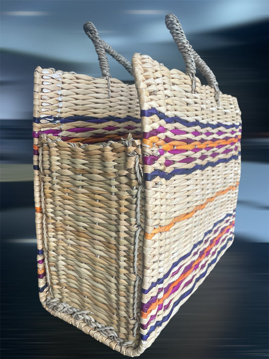 Handgevlochten Marokkaanse shopper van riet - Mix kleuren & Camel - stevig handvat - 1 st