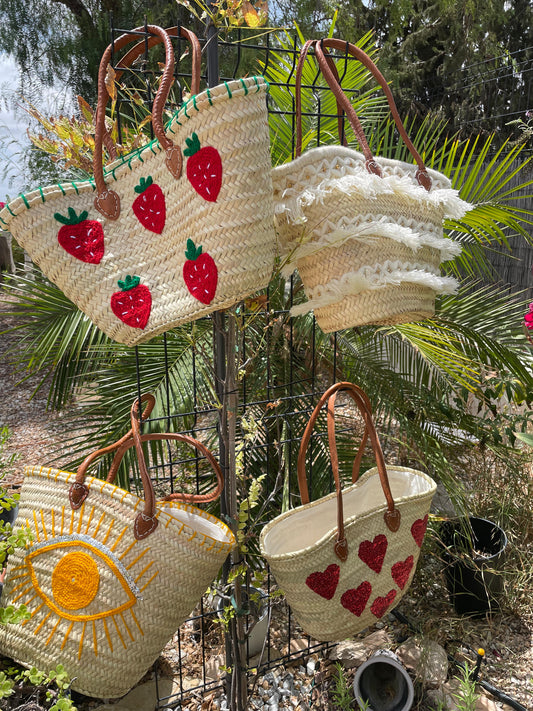 Strandtas - Boodschappentas - Shopper dames - 100 % handgemaakt Riet - 50 ( L ) x 29 ( B) x 20 ( D) cm - Lange Hengsels - Sluiting met tunnelkoord - 1 st