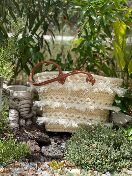 Strandtas - Boodschappentas - Shopper dames - 100 % handgemaakt Riet - 48( L ) x 29 ( B) x 25 ( D) cm - Lange Hengsels - Sluiting met tunnelkoord - 1 st