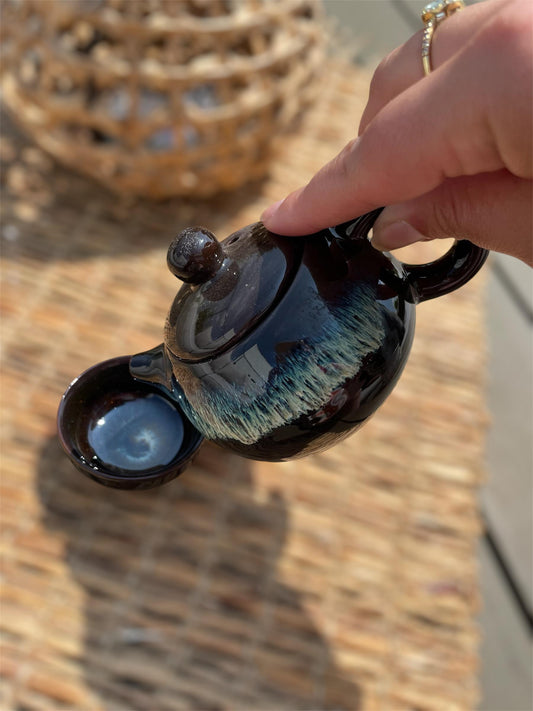 Zwarte Glazuur Theeset - Theepot & Twee Kopjes