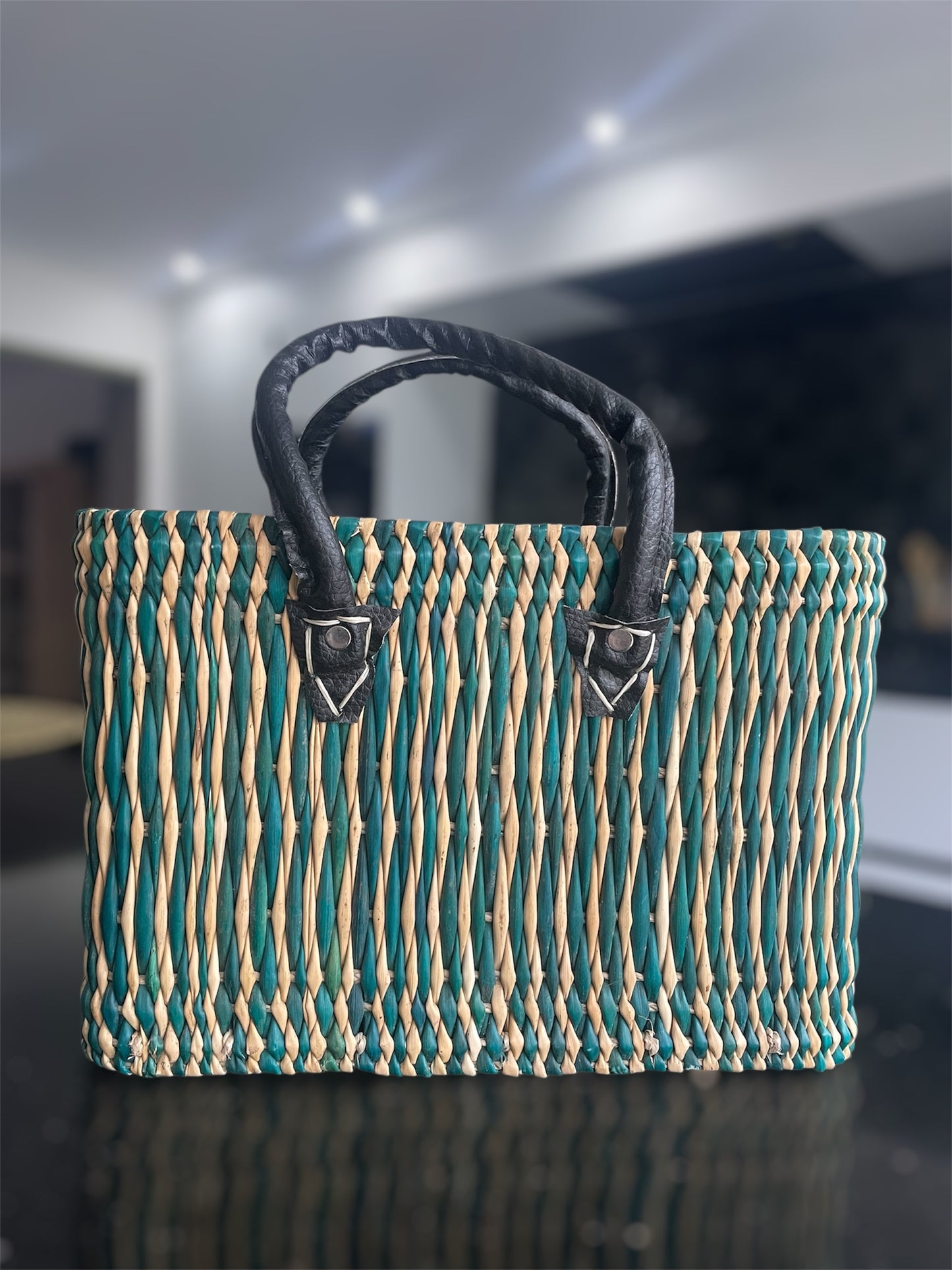 Handgevlochten Marokkaanse shopper - tas van Riet - Groen & Camel - Lederen handvat - 1 st