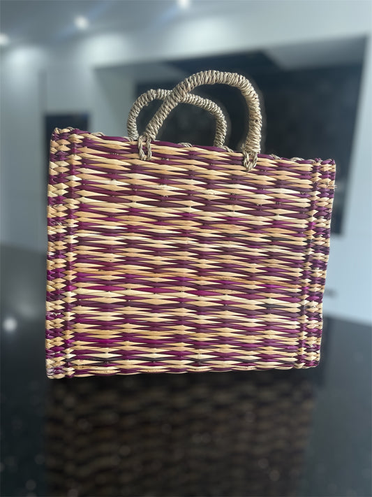 Handgevlochten Marokkaanse shopper van riet - Violet & Camel - stevig handvat - 1 st