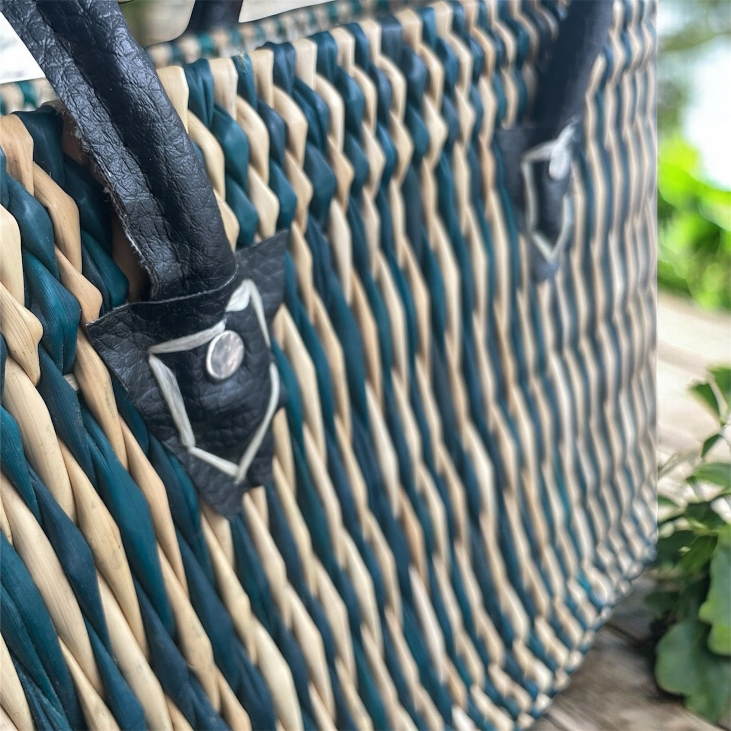 Handgevlochten Marokkaanse shopper - tas van Riet - Groen & Camel - Lederen handvat - 1 st