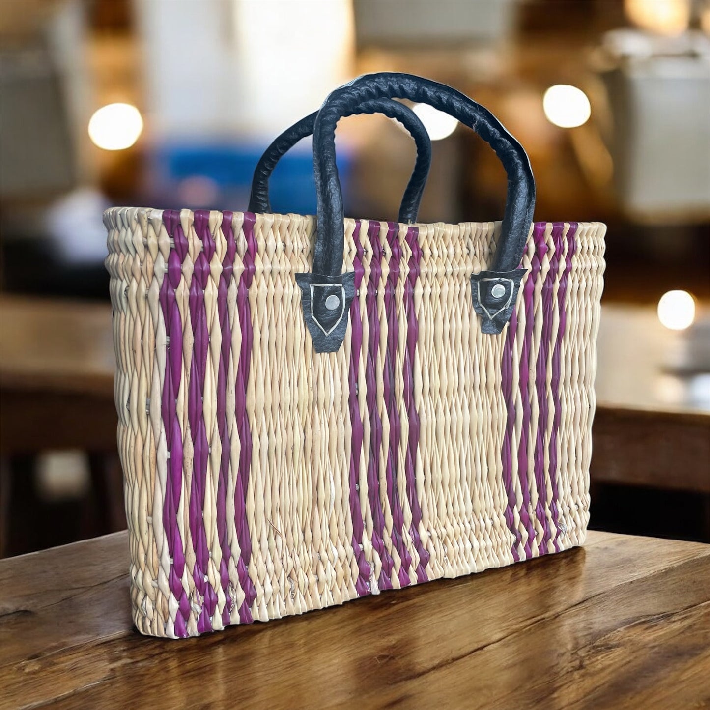 Handgevlochten Marokkaanse shopper - tas van Riet - Violet & Camel - Lederen zwarte handvat - 1 st
