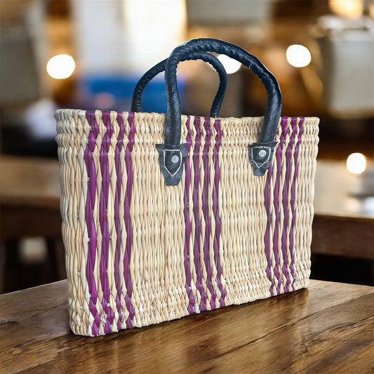 Handgevlochten Marokkaanse shopper - tas van Riet - Violet & Camel - Lederen zwarte handvat - 1 st