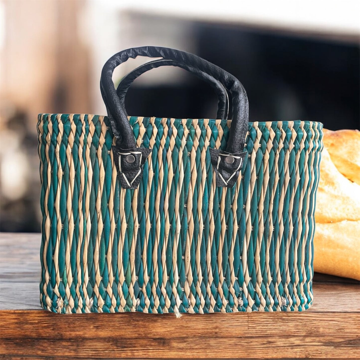 Handgevlochten Marokkaanse shopper - tas van Riet - Groen & Camel - Lederen handvat - 1 st