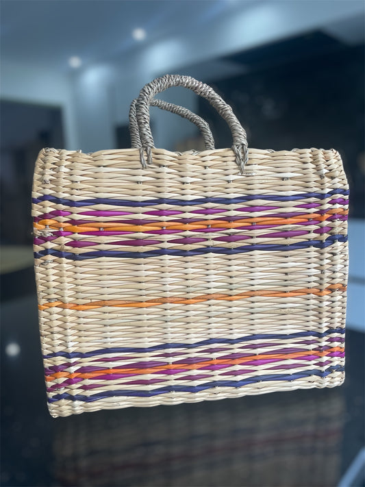 Handgevlochten Marokkaanse shopper van riet - Mix kleuren & Camel - stevig handvat - 1 st