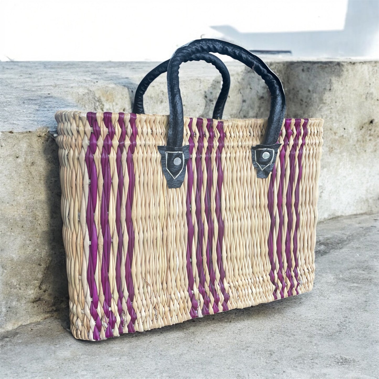 Handgevlochten Marokkaanse shopper - tas van Riet - Violet & Camel - Lederen zwarte handvat - 1 st