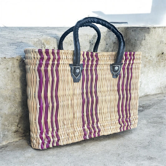 Handgevlochten Marokkaanse shopper - tas van Riet - Violet & Camel - Lederen zwarte handvat - 1 st