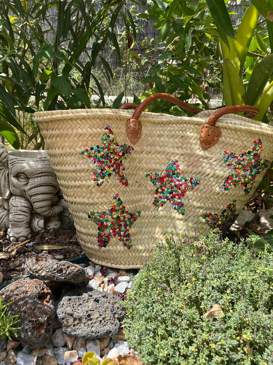 Strandtas - Boodschappentas - Shopper dames - 100 % handgemaakt Riet - 52 ( L ) x 32 ( B) x 25( D) cm - Lange Hengsels - Sluiting met tunnelkoord - 1 st
