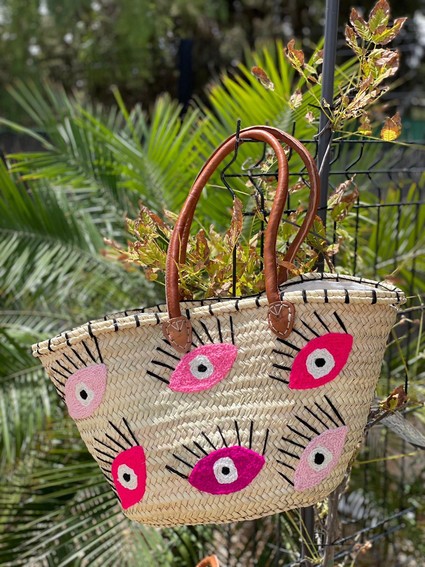 Strandtas - Boodschappentas - Shopper dames - 100 % handgemaakt Riet - 50 ( L ) x 29 ( B) x 20( D) cm - Lange Hengsels - Sluiting met tunnelkoord - 1 st