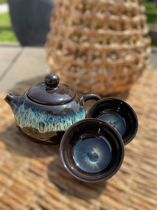 Zwarte Glazuur Theeset - Theepot & Twee Kopjes