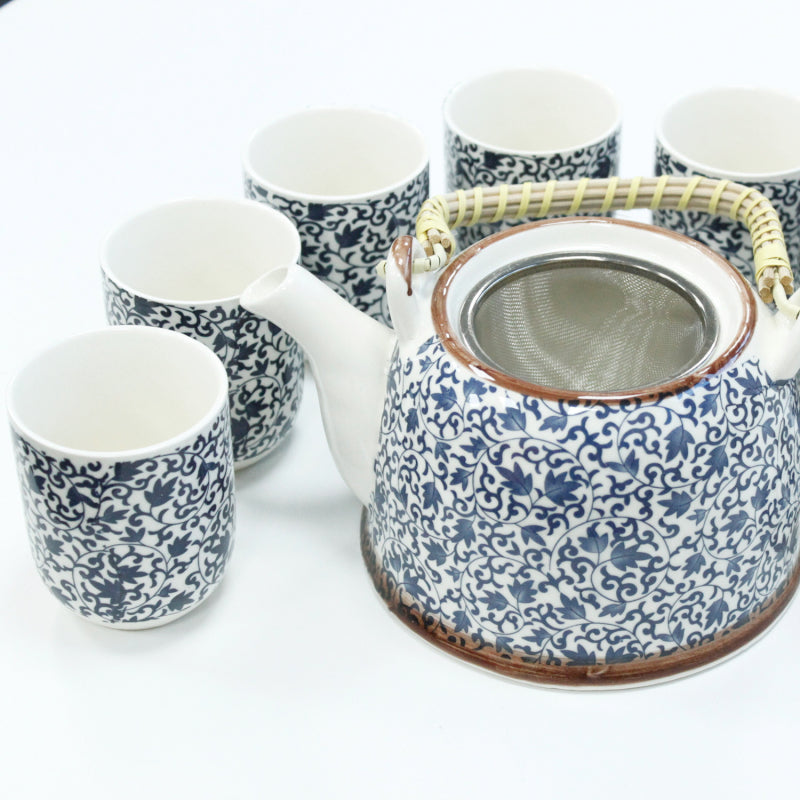 Kruidenthee Servies - Blauw Patroon - Theepot Met Metalen Zeef + 6 kopjes
