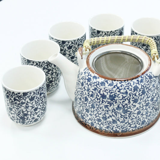 Kruidenthee Servies - Blauw Patroon - Theepot Met Metalen Zeef + 6 kopjes
