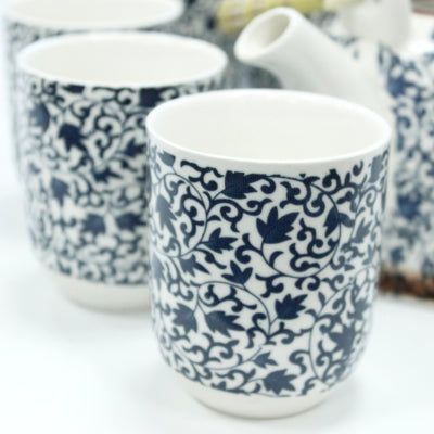 Kruidenthee Servies - Blauw Patroon - Theepot Met Metalen Zeef + 6 kopjes