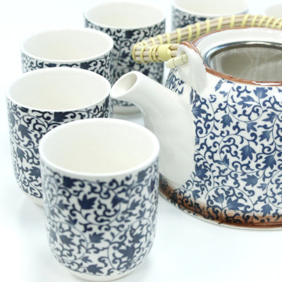 Kruidenthee Servies - Blauw Patroon - Theepot Met Metalen Zeef + 6 kopjes