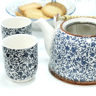Kruidenthee Servies - Blauw Patroon - Theepot Met Metalen Zeef + 6 kopjes